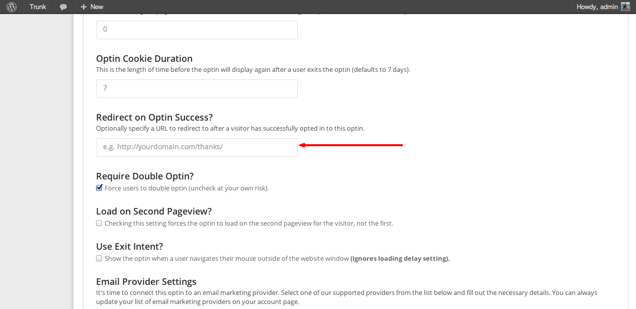 OptinMonster ‹ Trunk — WordPress - OptinMonster OptinMonster Redirection Feature