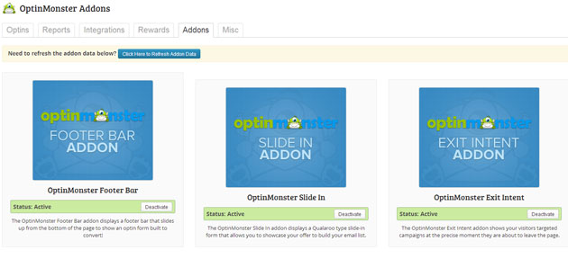 Addons Screen - OptinMonster Addons Screen