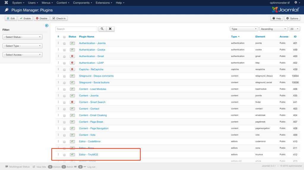 Joomla Plugin Manager - OptinMonster To edit your Tiny MCE Plugin, first select the Plugin Manager link.