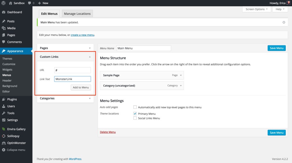 The first step in adding a MonsterLink to your WordPress menu is adding a new custom link.