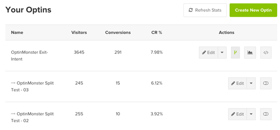 Split Testing Screen OptinMonster