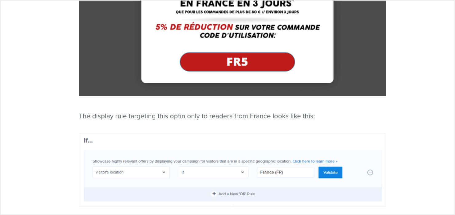You see the bottom of a website popup written in French. Below, text says, "The display rule targeting this optin only to readers from France looks like this:". The screenshot shows 3 dropdown fields with choices selected. The selected choices are "visitor's location," "is," and "France" 