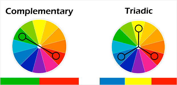 complementary and triadic color wheels