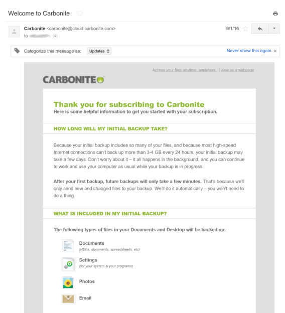 carbonite welcome email