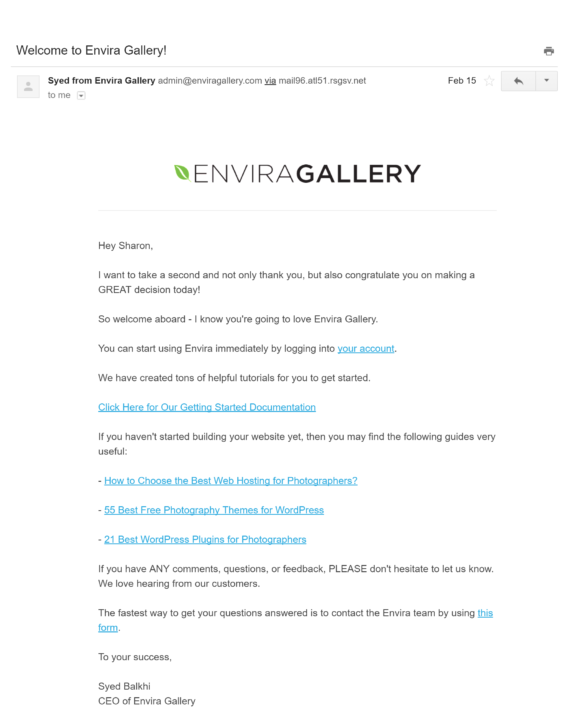 envira welcome email