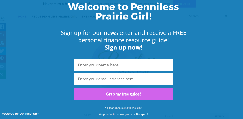 Penniless Prairie Girl Fullscreen Optin
