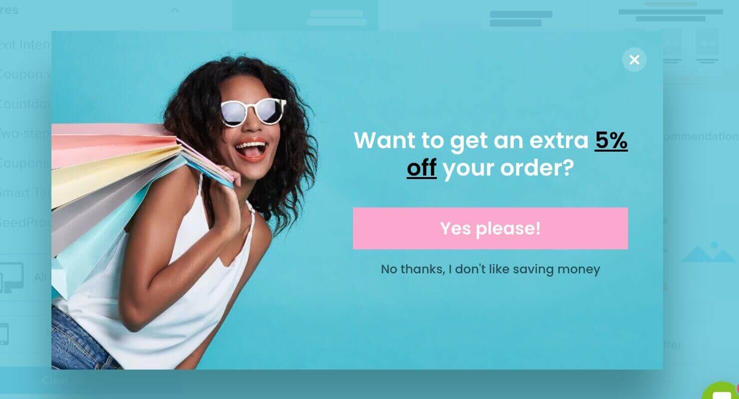 Popup with a photo of a woman holding shopping bags. "Want to get an extra 5% off your order?" CTA button says "Yes please!" and linked text below says "No thanks, I don't like saving money.