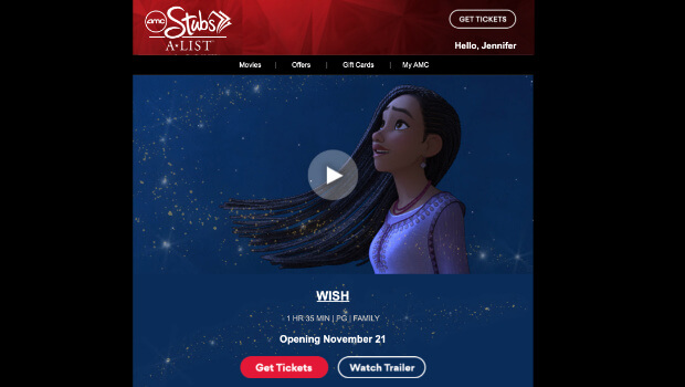 Screenshot of an email from AMC. It has an embedded trailer for the film Wish, with CTAs that say "Get Tickets" and Watch Trailer.