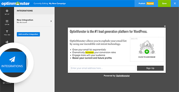 Select the Integrations tab in the optin builder to begin connecting your Email Service Provider to OptinMonster.
