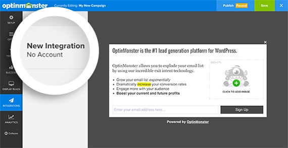 Select the New Integration item to begin connecting your Email Provider to OptinMonster.