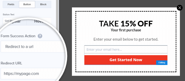 coupon popup reindirizzare a un URL