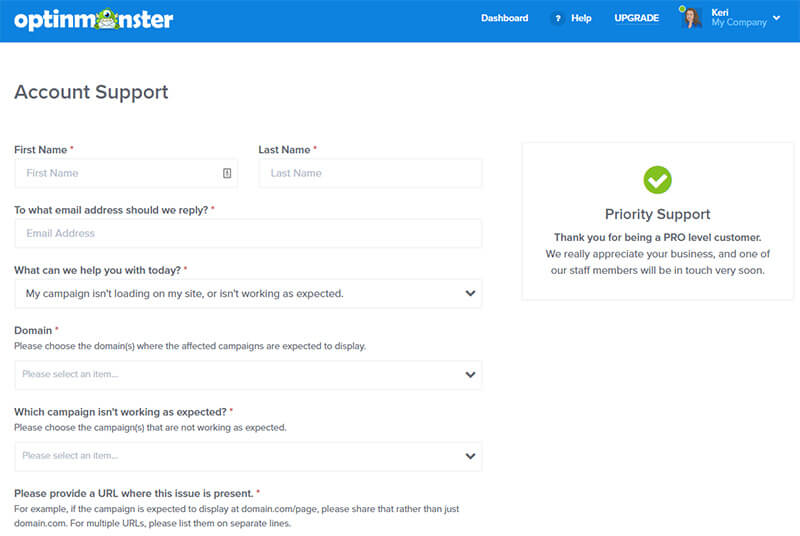 open an optinmonster support ticket