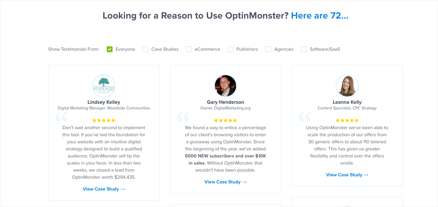 OptinMonster testimonial page. The testimonials can be filtered by type: Case Studies, eCommerce, Publishers, Agencies, or Software/SaaS