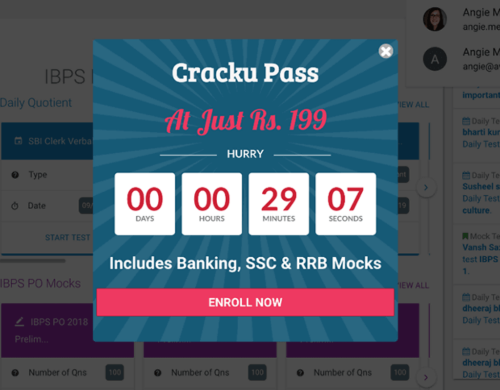 free to paid_cracku-min - OptinMonster An OptinMonster popup created by Cracku. If offers a special deal on a Cracku pass and has a countdown timer until the deal runs out. The call-to-action button says "Enroll Now"