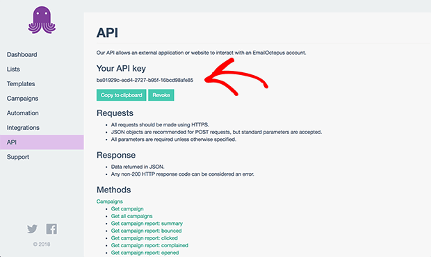 Your API key is displayed on this page. Copy the API key to your clipboard for use in the next step.