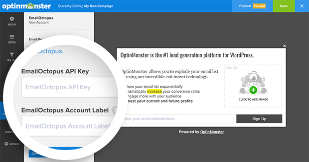 Click the Connect with EmailOctopus button to finish connecting EmailOctopus with OptinMonster.