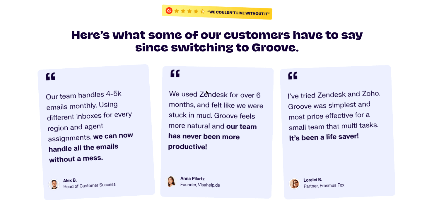 A large section on Groove's pricing page that features 3 customer review quotes.