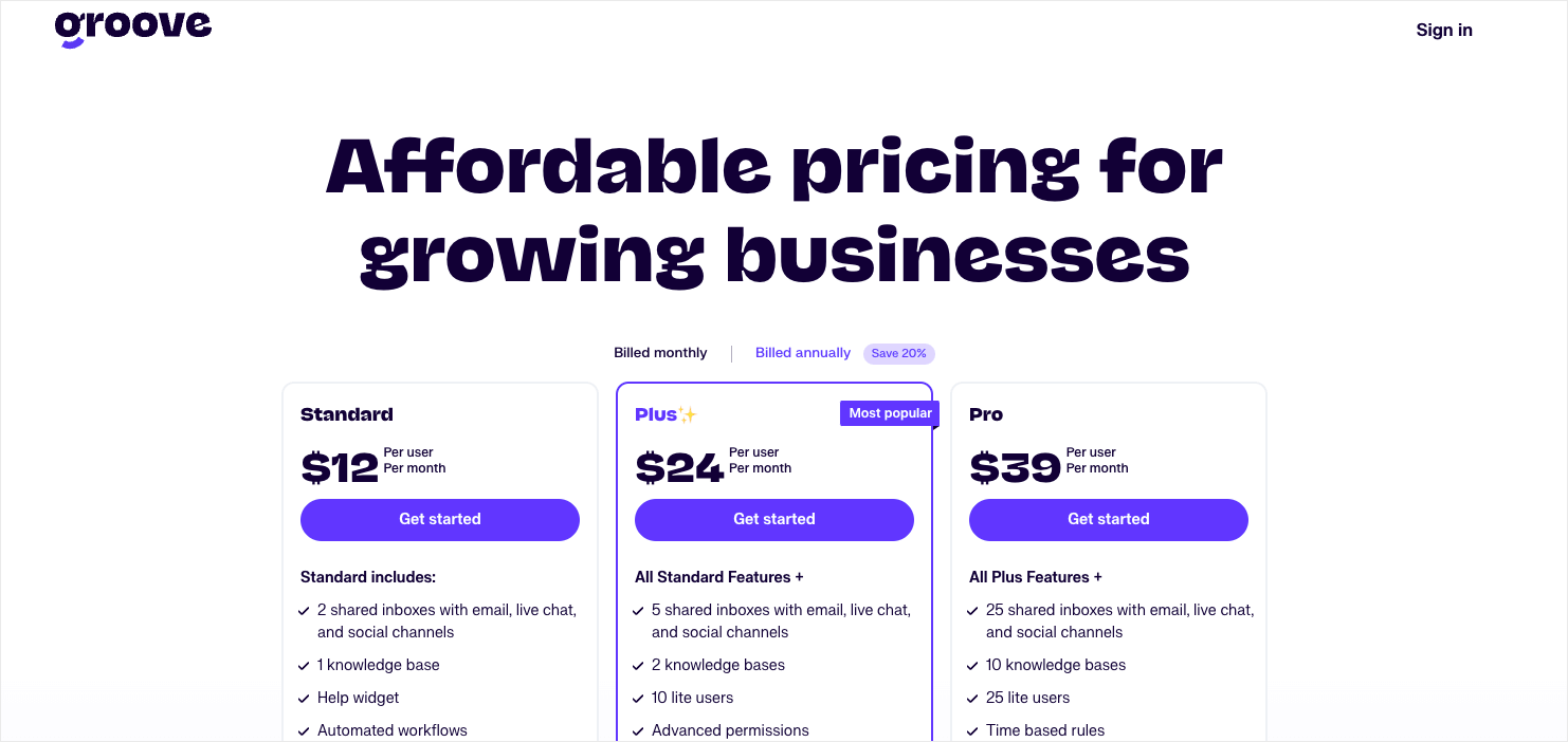 Groove Saas Pricing Page