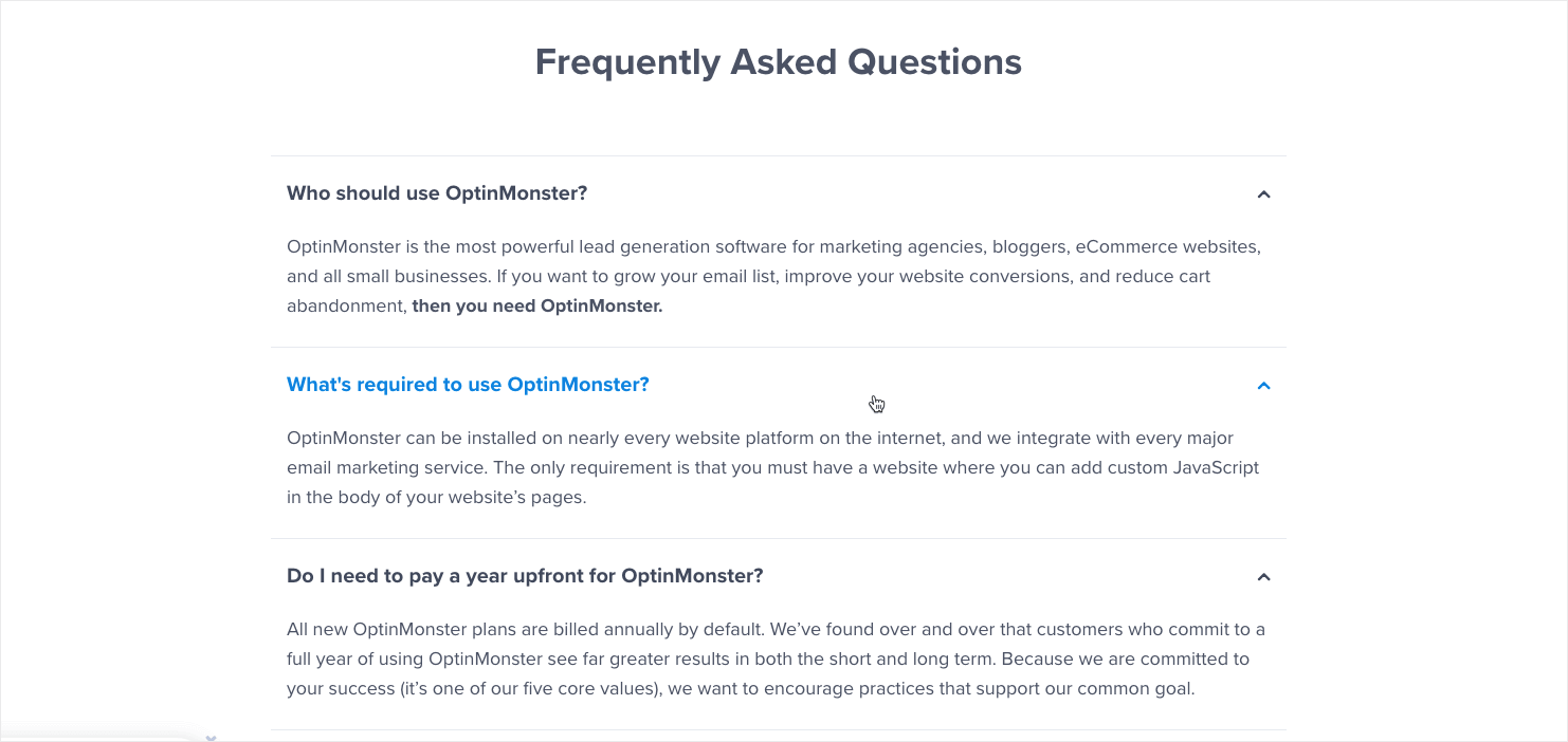 FAQ section on OptinMonster's pricing page