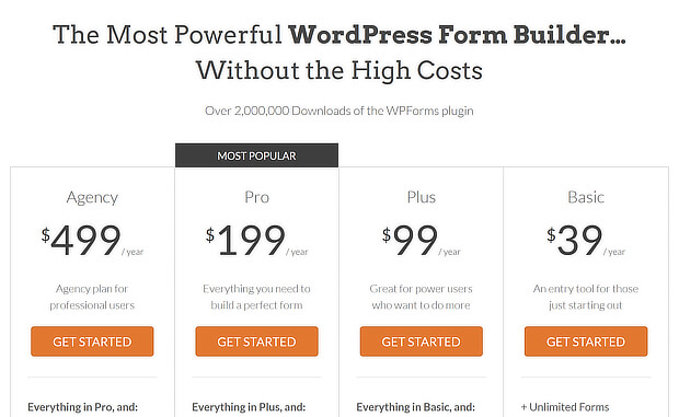 pricing page headlines and plans on wpforms