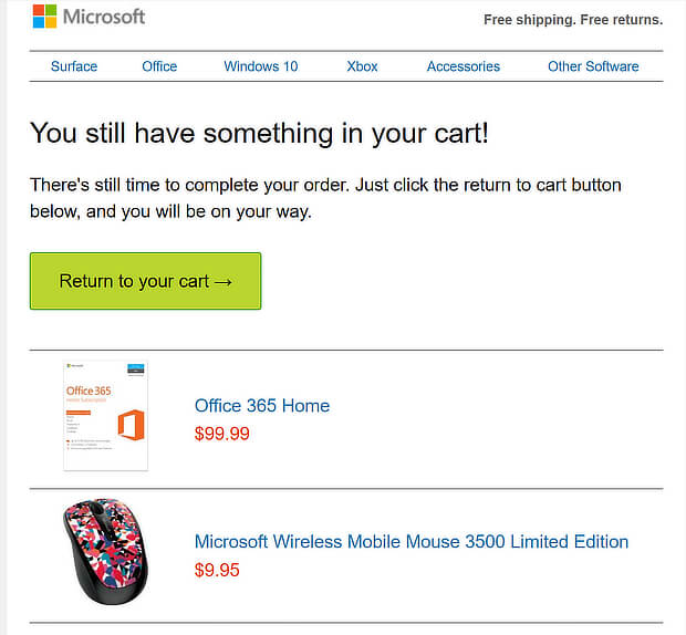 从微软的废弃的购物车电子邮件模板
