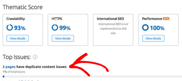 semrush issues report - duplicate content