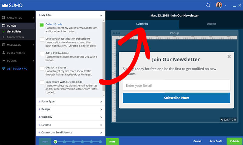 sumo subscribe and success tabs