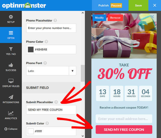 om submit placeholder sales countdown timer