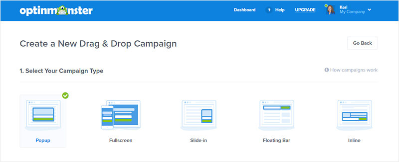 create new campaign in optinmonster