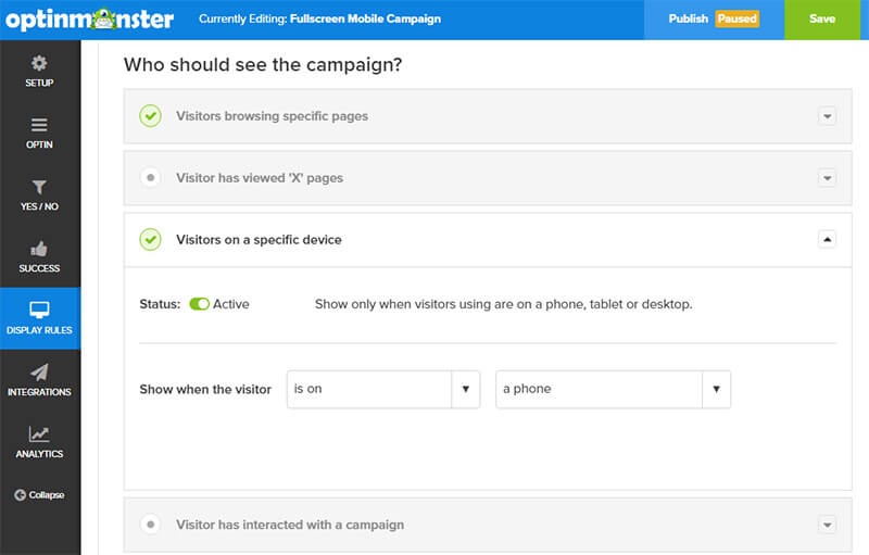 optinmonster device based targeting rules