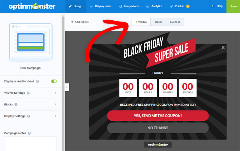optinmonster two-step campaign with yes/no buttons