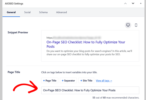 all in one seo page title and snippet preview