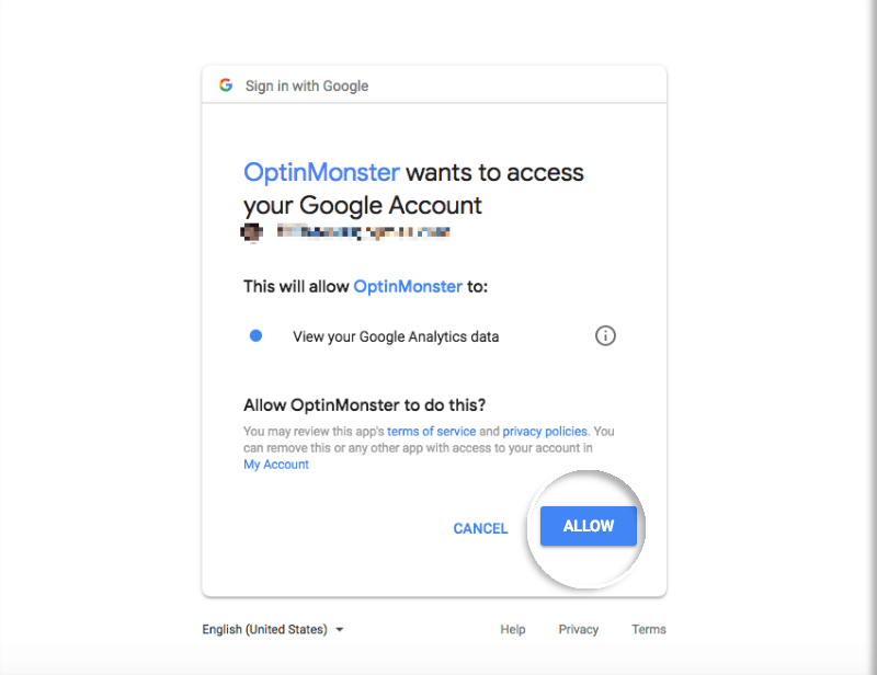Allow OptinMonster permission to receive data from Google Analytics