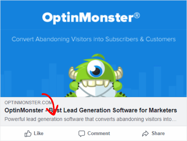Example of the OptinMonster meta description being displayed on Facebook. However, only a few words of the description appears.