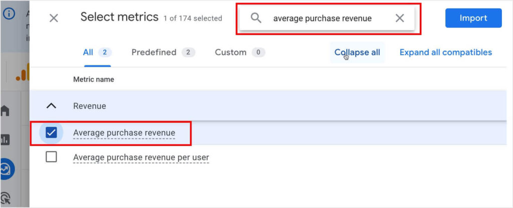 GA4 popup where you can search for and select "Average purchase revenue"