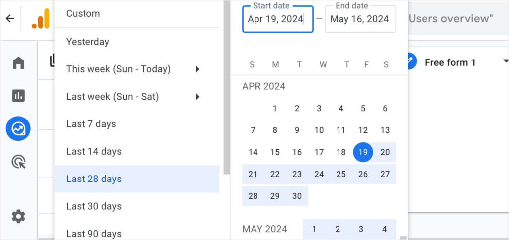 A popup in the GA4 Exploration dashboard, where you can choose pre-selcted date ranges, such as "Last 30 days" or create a custom date range. 