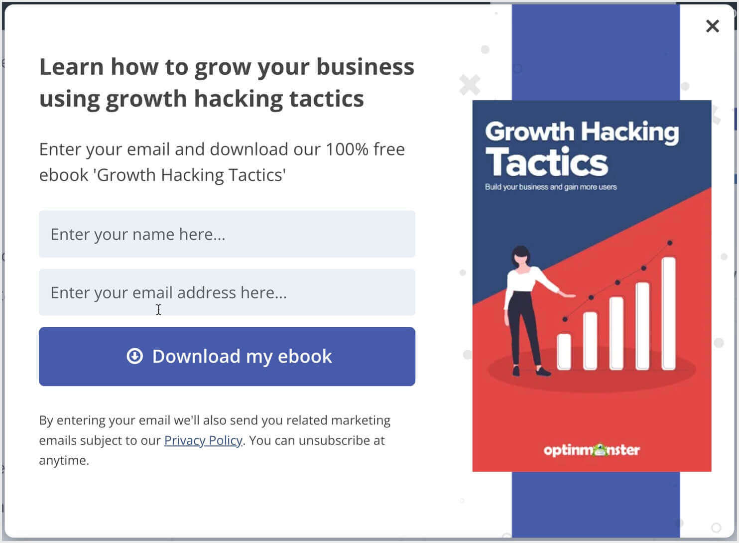 Popup campaign that says "Enter your email and download our 100% free ebook 'Growth HackingTactics.'" Then there are fields for Name and Email Address, and a CTA button that says "Download my ebook"