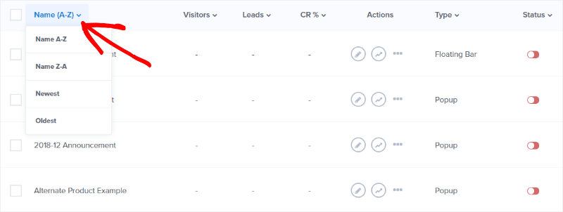 sorting-by-name - OptinMonster sort campaigns easily