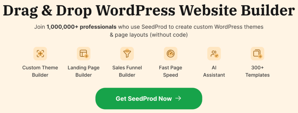 SeedProd homepage: "Drag & Drop WordPress Website Builder. Join 1 milion + professionals who use SeedProd to create custom WordPress themes & page layouts (without code)