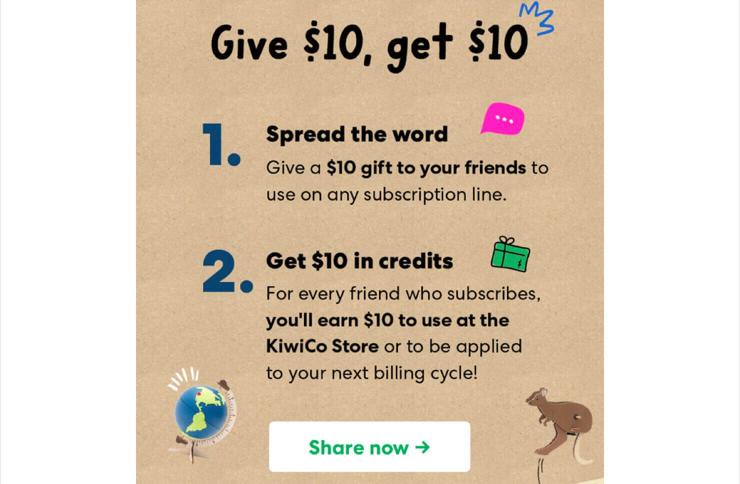 Email from KiwiCo that says, "Give $10, get $10. 1. Spread the word. Give a $10 gift to your friends to use on any subscription line. 2. Get $10 in credits. For every friend who subscribes, you'll earn $10 to use at the KiwiCo Store or to be applied to your next billing cycle!" The CTA button says "Share now"