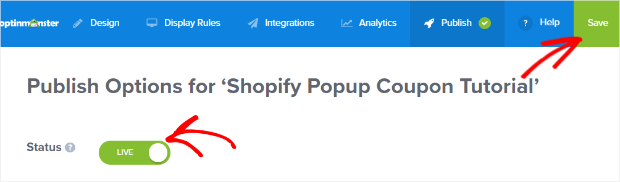 pubblica e salva il tuo popup e-mail shopify