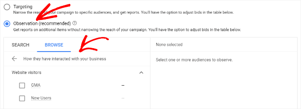 google-ads-choose-remarketing-lists - OptinMonster choose remarketing lists for rlsa