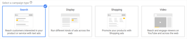 google-ads-search-campaign-type - OptinMonster choose the search campaign type