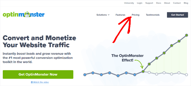 optinmonster's pricing link is prominently displayed
