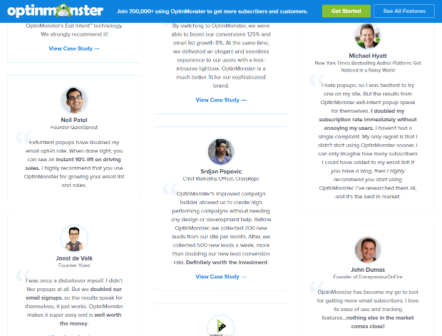 optinmonster's testimonials page snippet