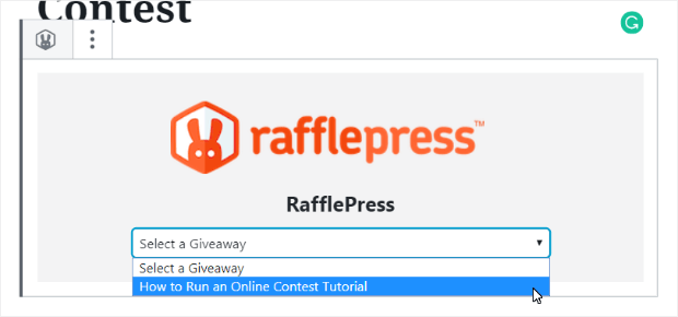 choose the rafflepress contest you want to add