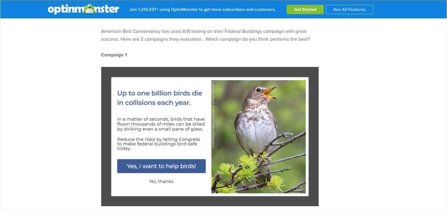 Screenshot of OptinMonster case study. It says: "American Bird Conservancy has used A/B testing on their Federal Buildings campaign with great success. Here are 2 campaigns they evaluated... Which campaign do you think pertorms the best? Campaian1" Then there's an example of a popup campaign they used on their site.