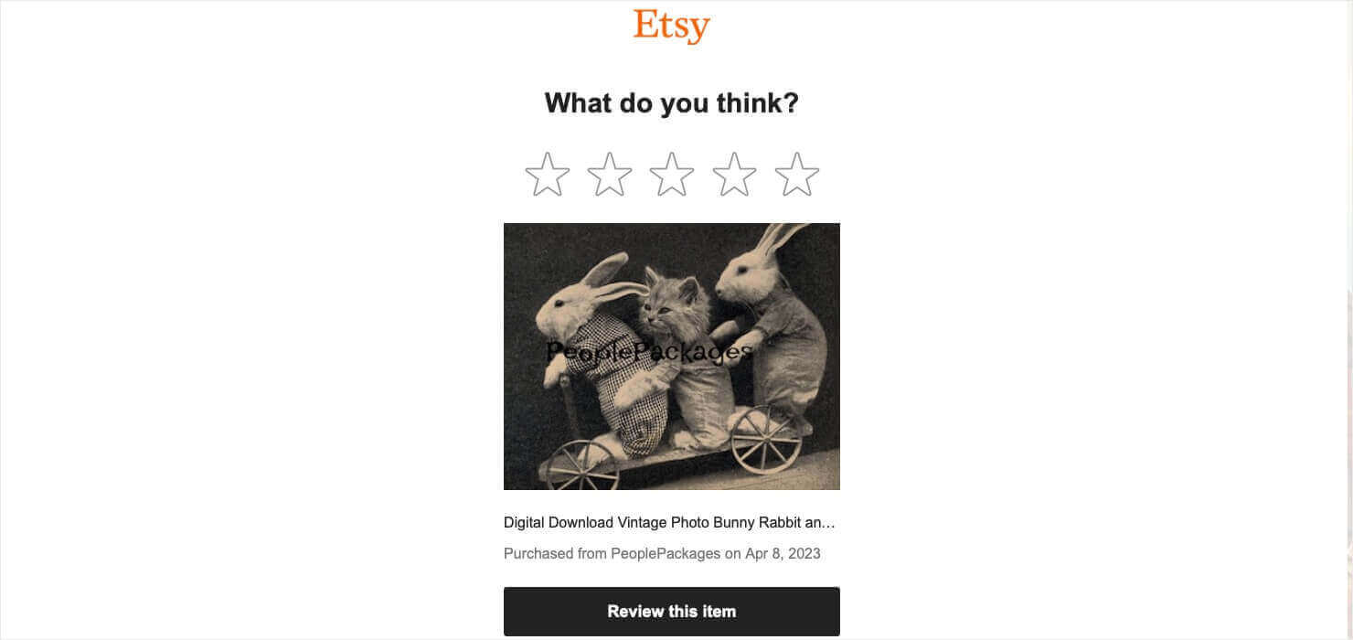 Email from Etsy. The headline says "What do you think?" followed by an image of rating stars. Then there a photo and description of the product. The large call-to-action button says "Review this item"
