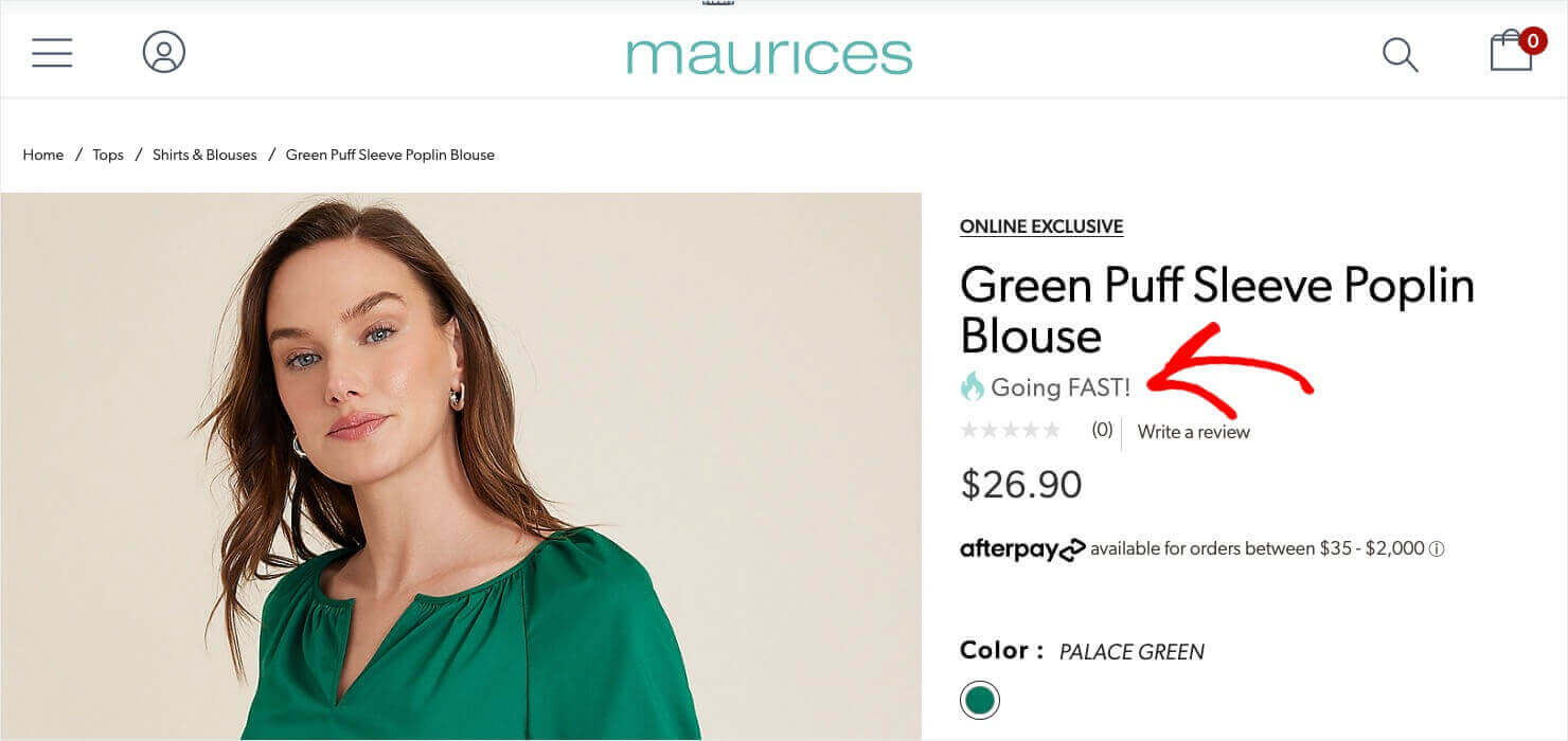Screenshot of a product page for a blouse on Maurice's website. 