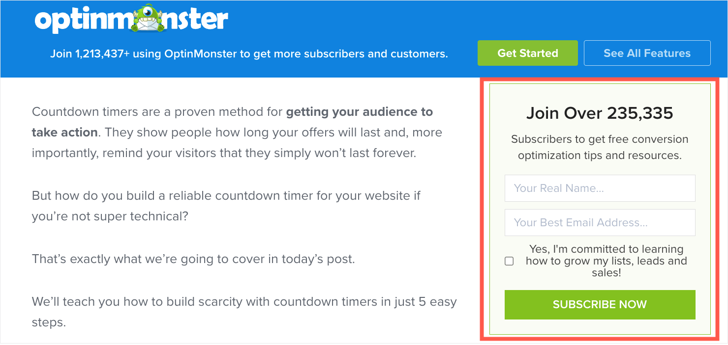 Screenshot of OptinMonster's sidebar email signup form. Heading says, "Join Over 235,335." Subheading says "Subscribers to get free conversion optimization tips and resources." Then there are signup fields and a button that says "Suscribe Now"